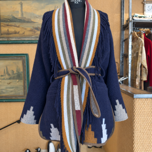 Bazar Deluxe - Cardigan con Frange e Cintura Blu